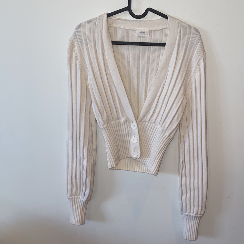 Aritzia x Wilfred Deep Plunge  Cream Ribbed V-Neck Button Cardigan - Picture 6 of 12